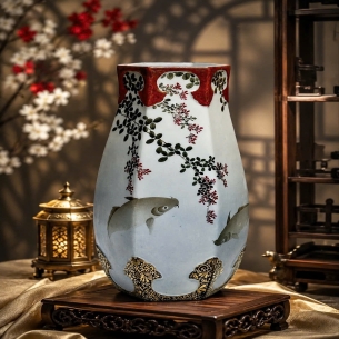Bình lục giác sơn hoạ tiết cá chép🎏 BÌNH GỐM NHẬT BẢN CÁ CHÉP & HOA TỬ ĐẰNG – VẺ ĐẸP THANH NHÃ ĐẦY MAY MẮN 🎏