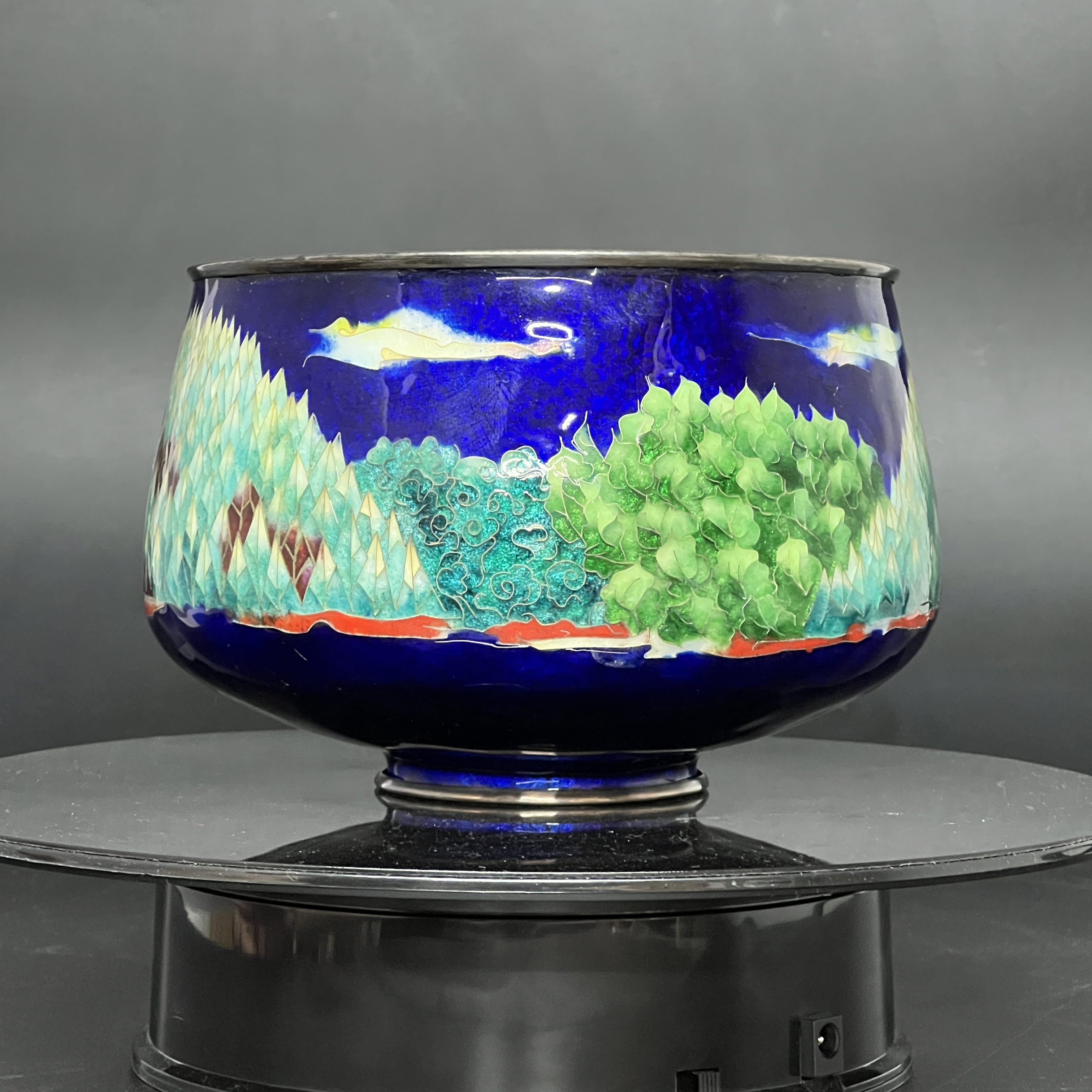 Thố Cloisonne Shippo xanh coban phong cảnh
