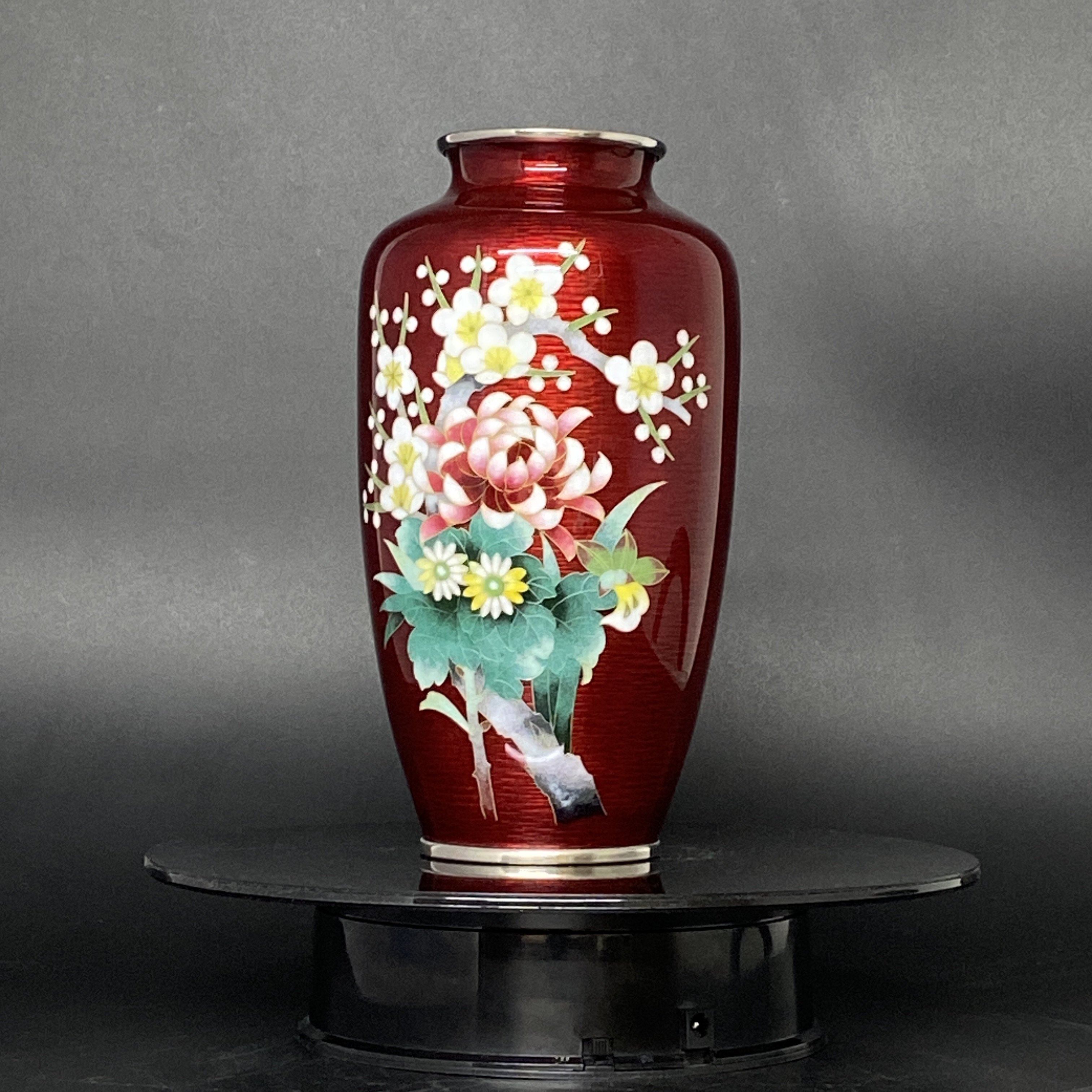 Bình hoa Cloisonne Shippo đỏ đô hoạ tiết hoa