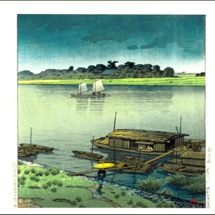 Tranh in khắc gỗ - Tác phẩm: 五月雨（荒川）– Mưa đầu hạ bên sông Arakawa